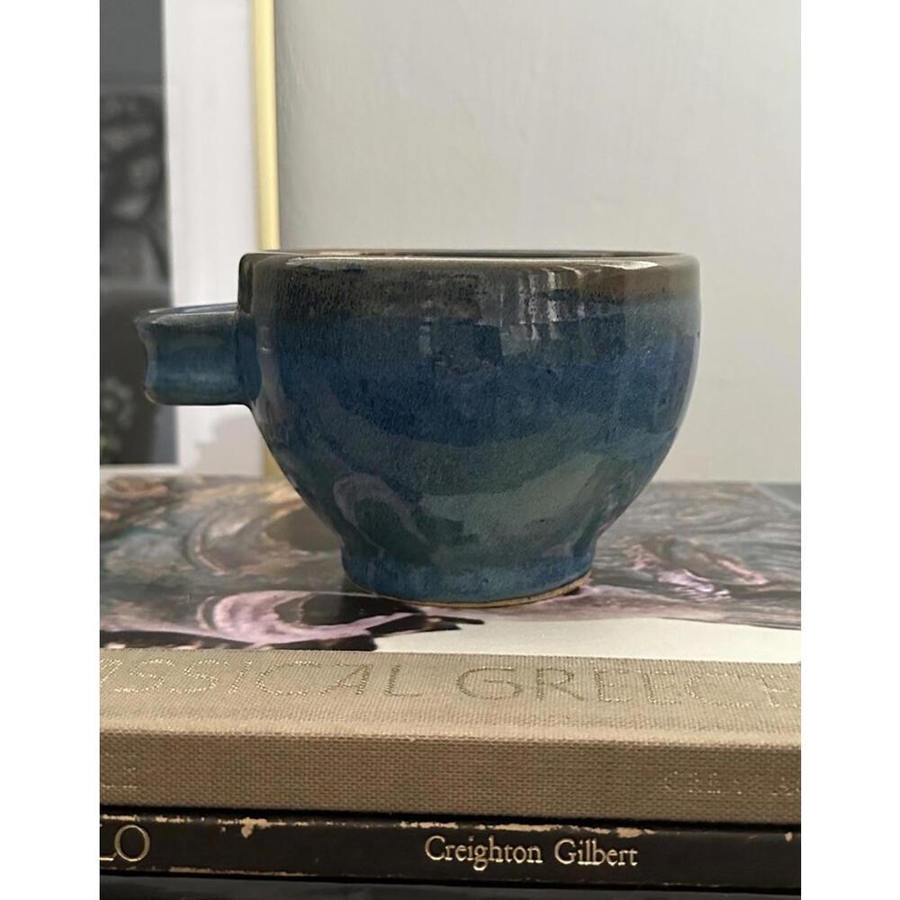 Handmade Ceramic Pottery Soup Or Cereal Bowl  W/ Handle Shades Of Blue & Brown